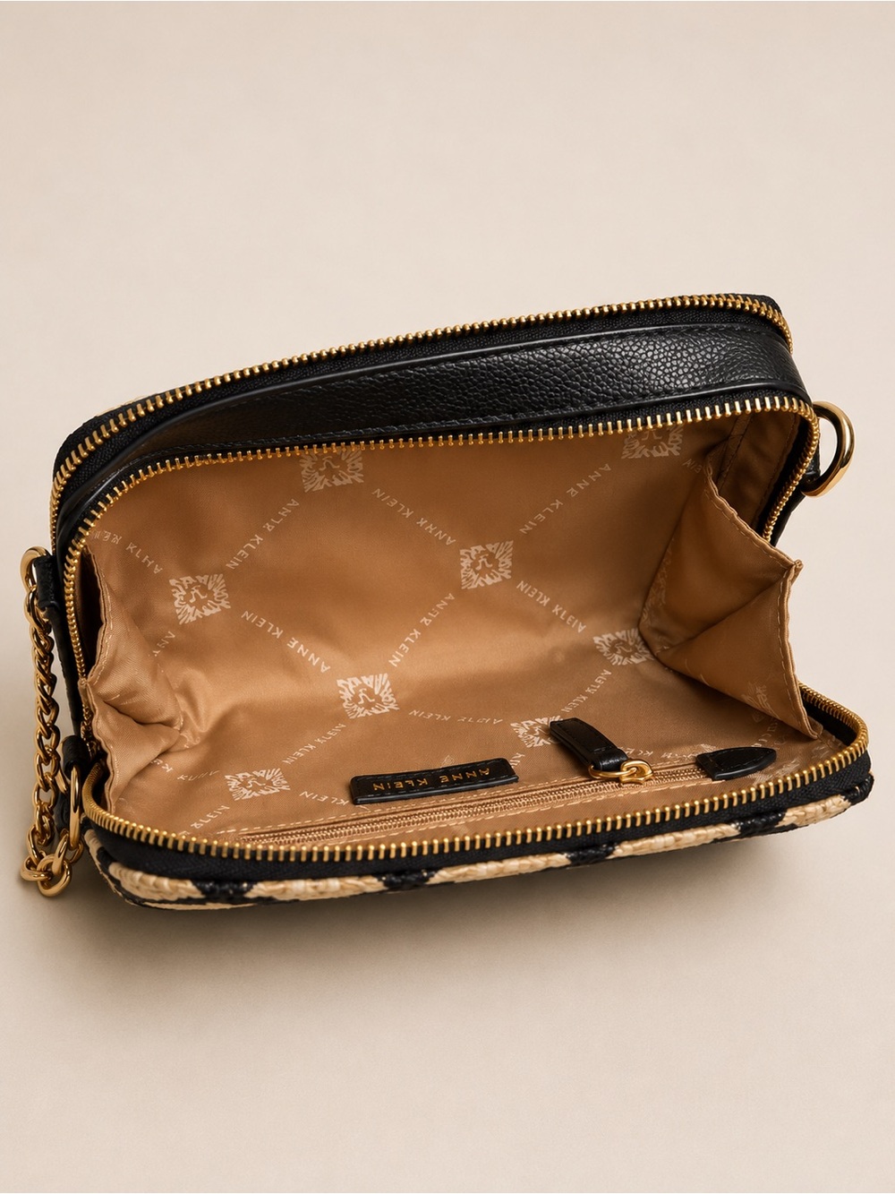 Anne Klein Straw Crossbody Bag with Black Trim and Gold Chain - Picture 5 of 6